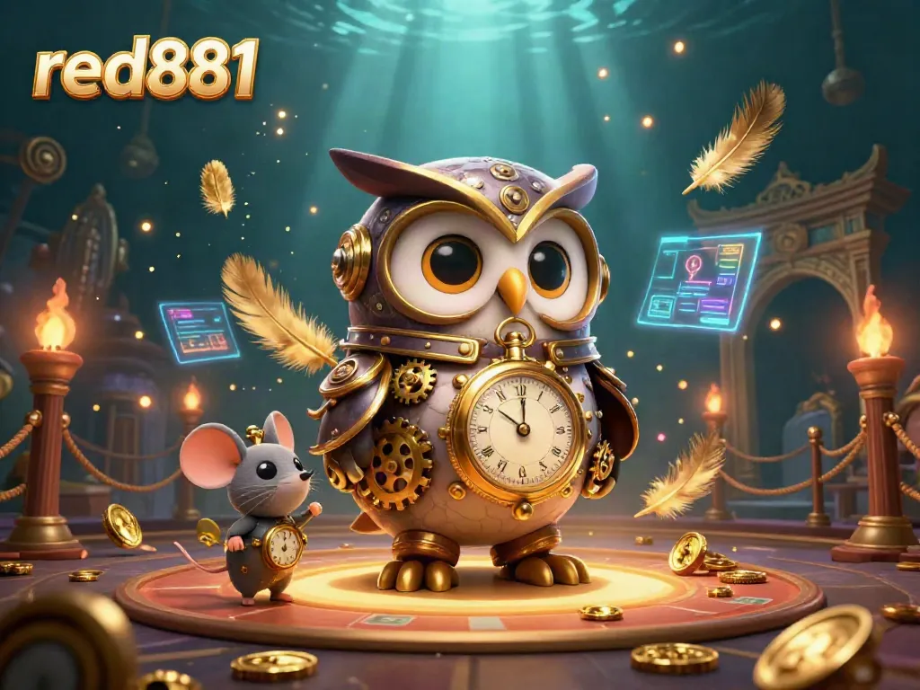 Experience the vibrant world of red881 with steampunk owl, casino elements, and dynamic gold details.
