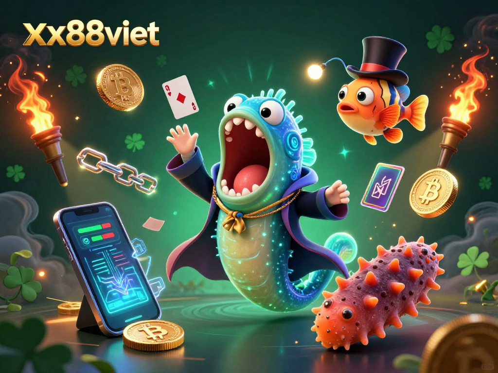 Engage with xx88viet's thrilling casino atmosphere featuring a bioluminescent eel magician and crypto elements.