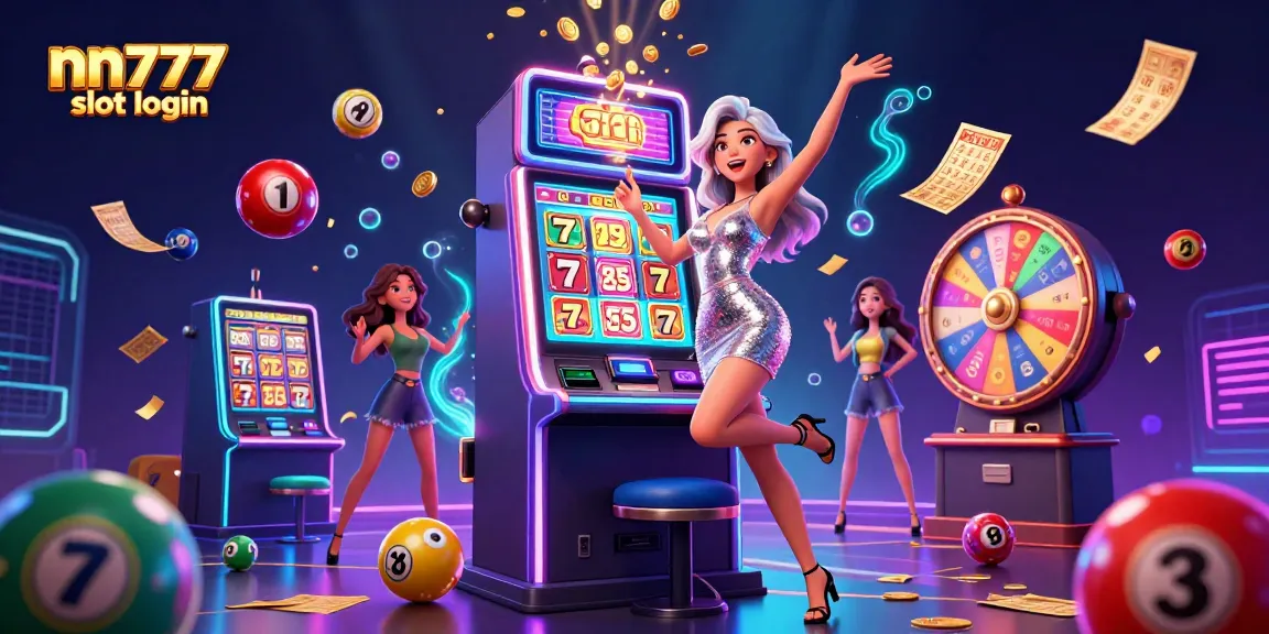Celebrate wins with nn777 slot login at this vibrant online casino scene featuring dynamic slot elements.