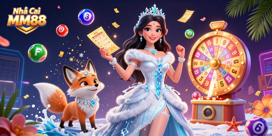 Engage with the exciting world of nhà cái MM88 through a vibrant casino illustration featuring dynamic lottery games and a stunning ice queen.