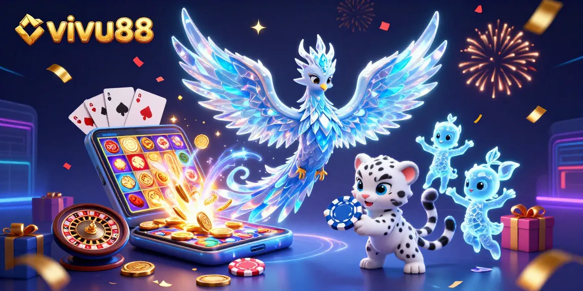 Engage with vivu88's vibrant gaming universe featuring a playful phoenix and ice sprites amidst dynamic casino elements.
