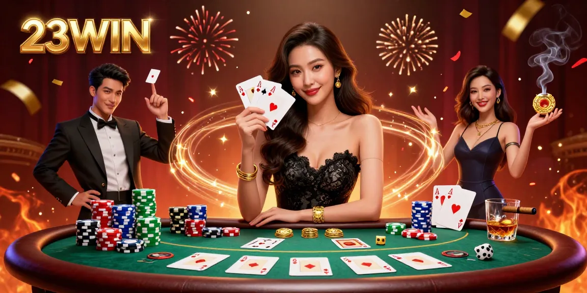 Engage with thrilling gameplay at 23WIN, featuring a glamorous casino scene with poker elements.