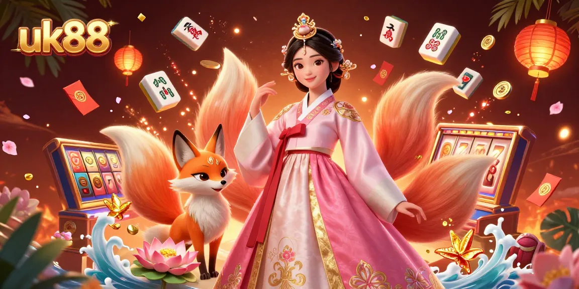 Engage with uk88's vibrant gaming world featuring an Asian woman in elegant attire and a lucky fox in a rich casino atmosphere.