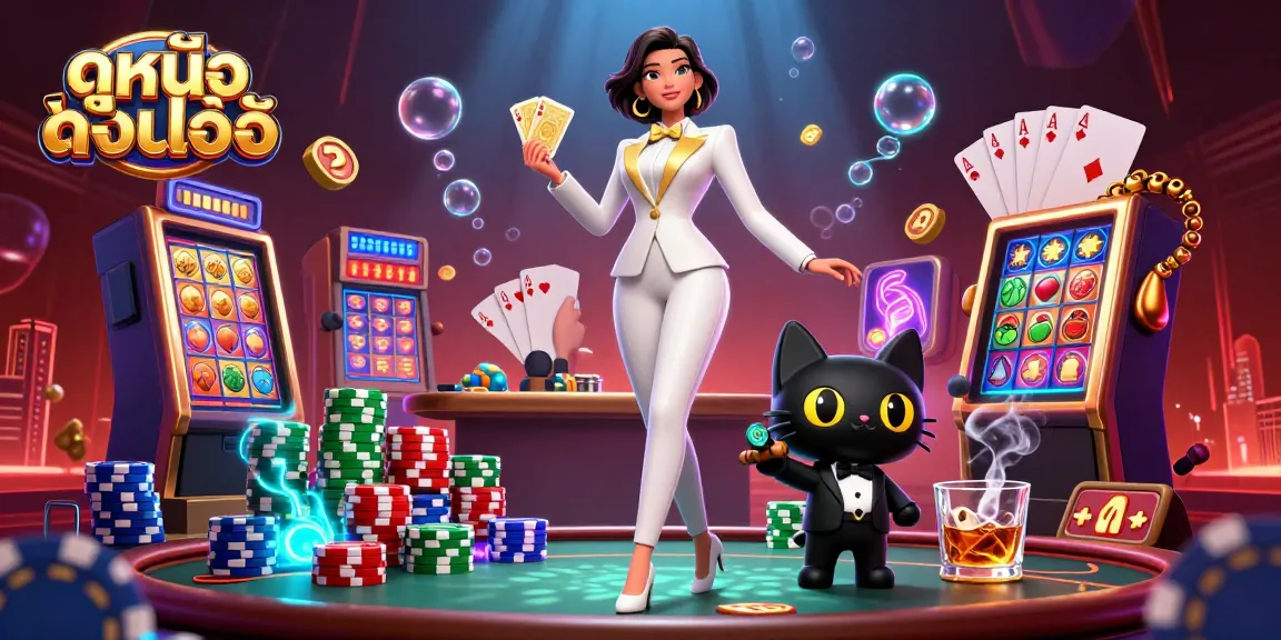 Engage in thrilling ดูหนังออนไลน์ action with a glamorous dealer shuffling cards amidst vibrant casino elements.