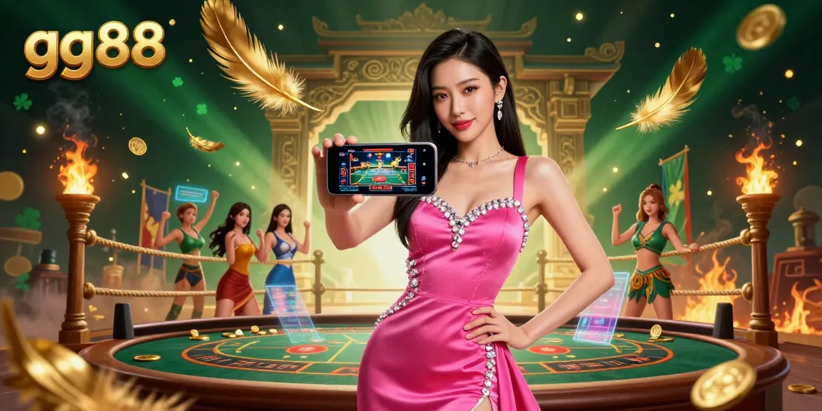 Experience thrilling gameplay at gg88 with a stunning Asian woman showcasing a live dealer game on her smartphone.
