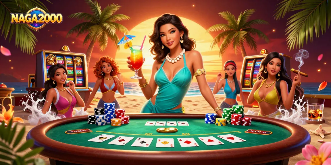 NAGA2000 menawarkan pengalaman kasino yang berwarna-warni, menampilkan adegan glamor seorang wanita dengan koktail, elemen poker, dan permainan slot yang cerah.