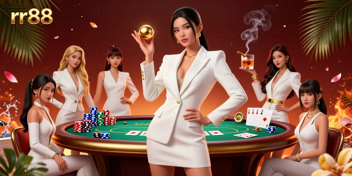 Experience the thrill of rr88's dynamic casino scene with a confident player holding a golden roulette ball.
