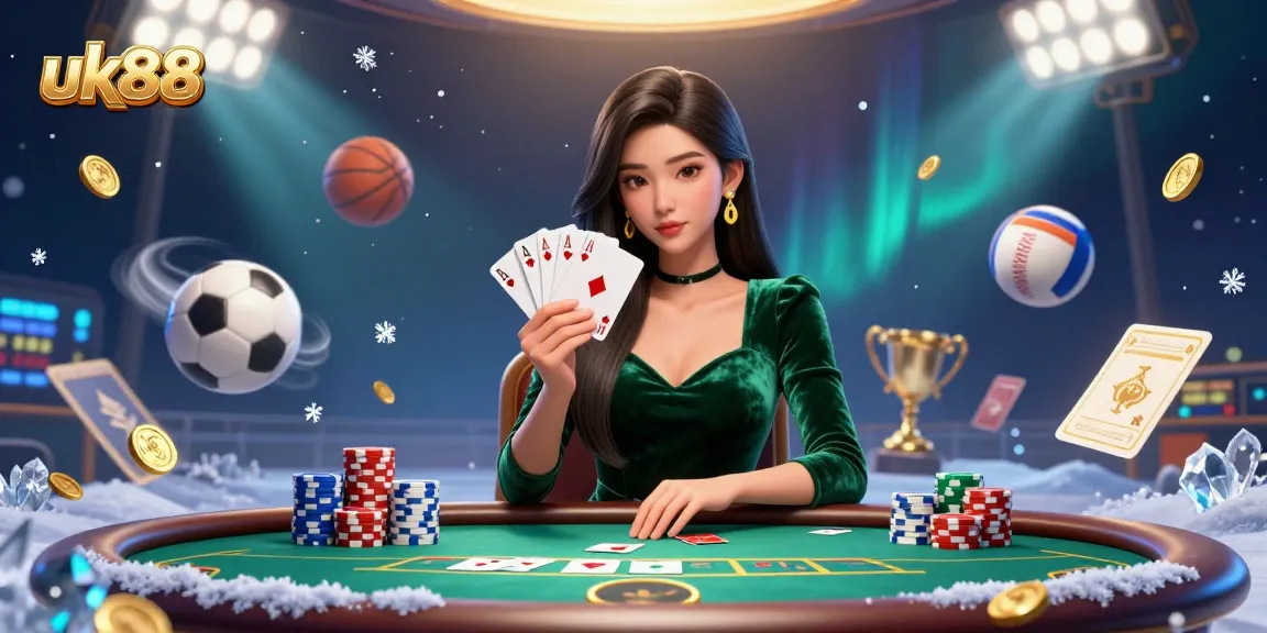 Engage with uk88's vibrant casino scene featuring a focused Asian woman playing poker amidst dynamic sports elements.