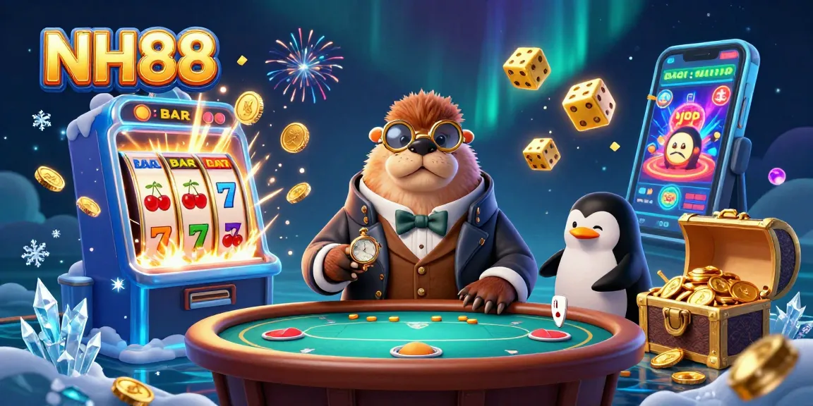 Engage with NH88 through a lively underwater poker scene featuring whimsical characters and dynamic casino elements.