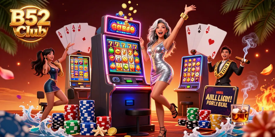 B52 Club slots jackpot celebration with a glamorous woman and vibrant casino elements.