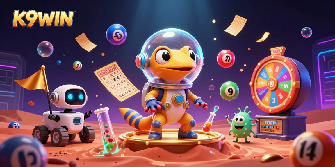 K9WIN casino illustration featuring a Martian gecko and robot discovering treasures in a golden casino.