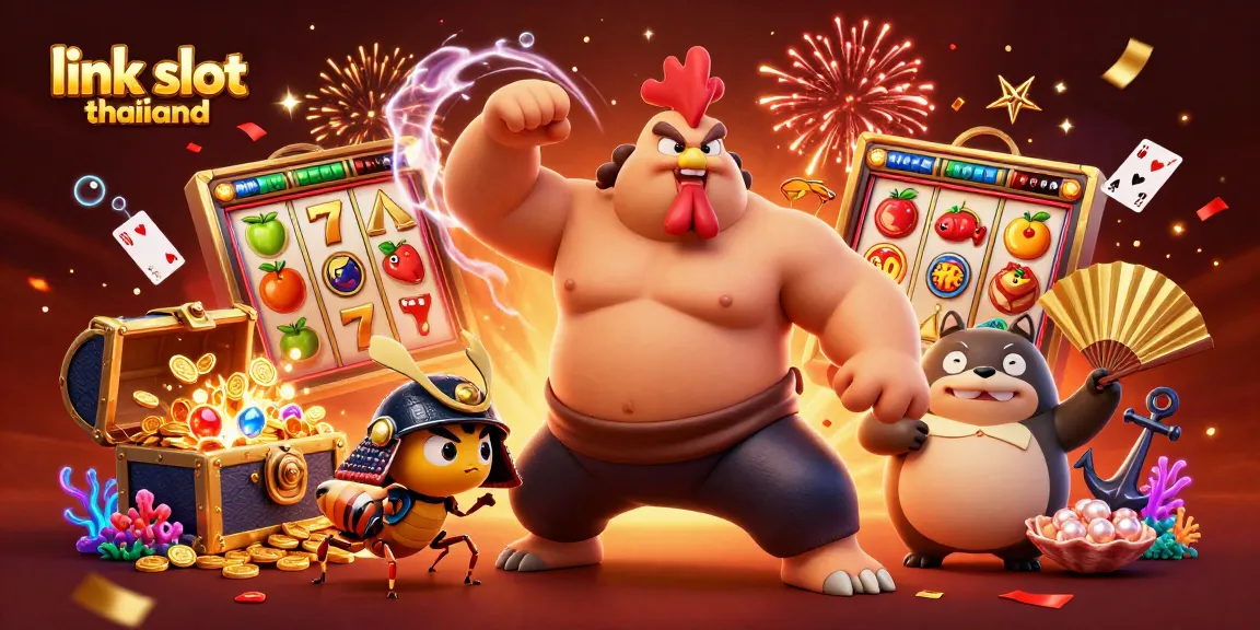 Experience thrilling gameplay with link slot thailand, showcasing dynamic slot reels and energetic casino characters.