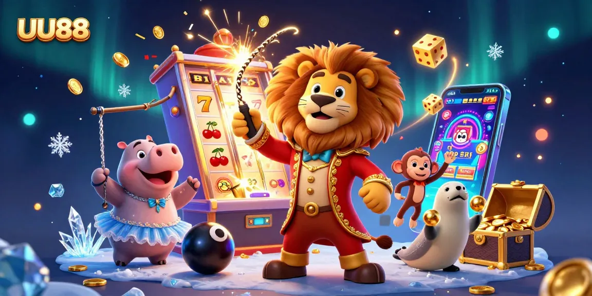 Experience slot wins with UU88 in a vibrant 3D casino illustration showcasing a lively circus atmosphere.
