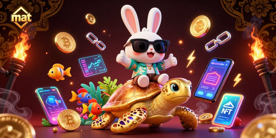 Experience thrilling gameplay with mat as the adorable cartoon rabbit rides a golden sea turtle in vibrant casino world.