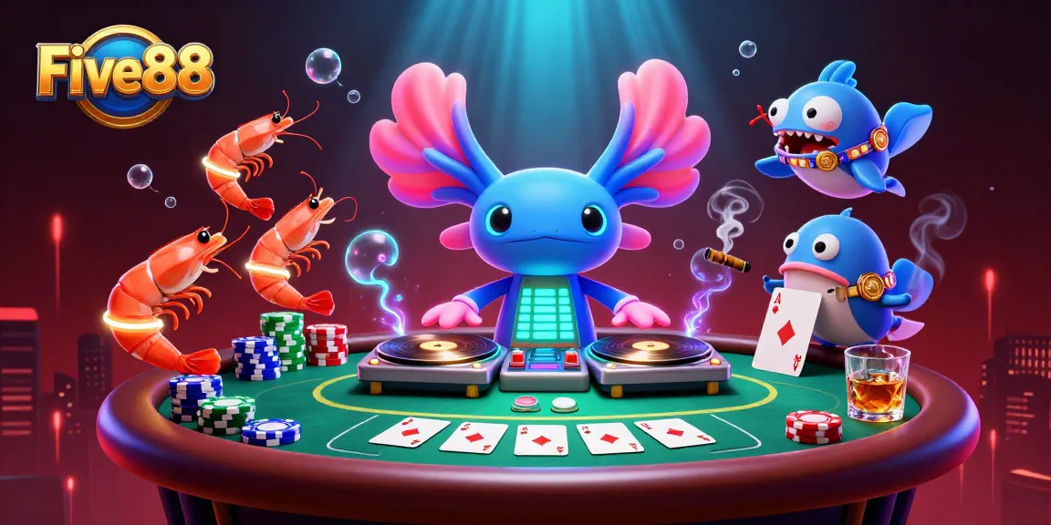 Engage with Five88's vibrant casino atmosphere featuring a lively DJ axolotl and poker elements.