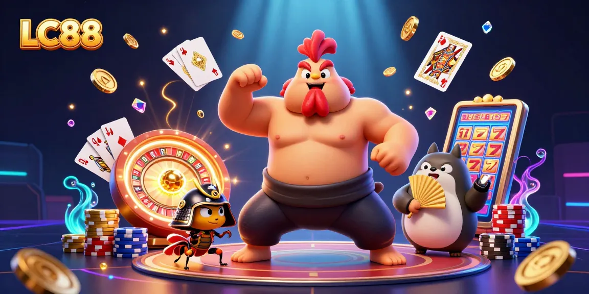 Engage with LC88 as the powerful sumo wrestler rooster and fierce cricket battle in a vibrant casino scene.