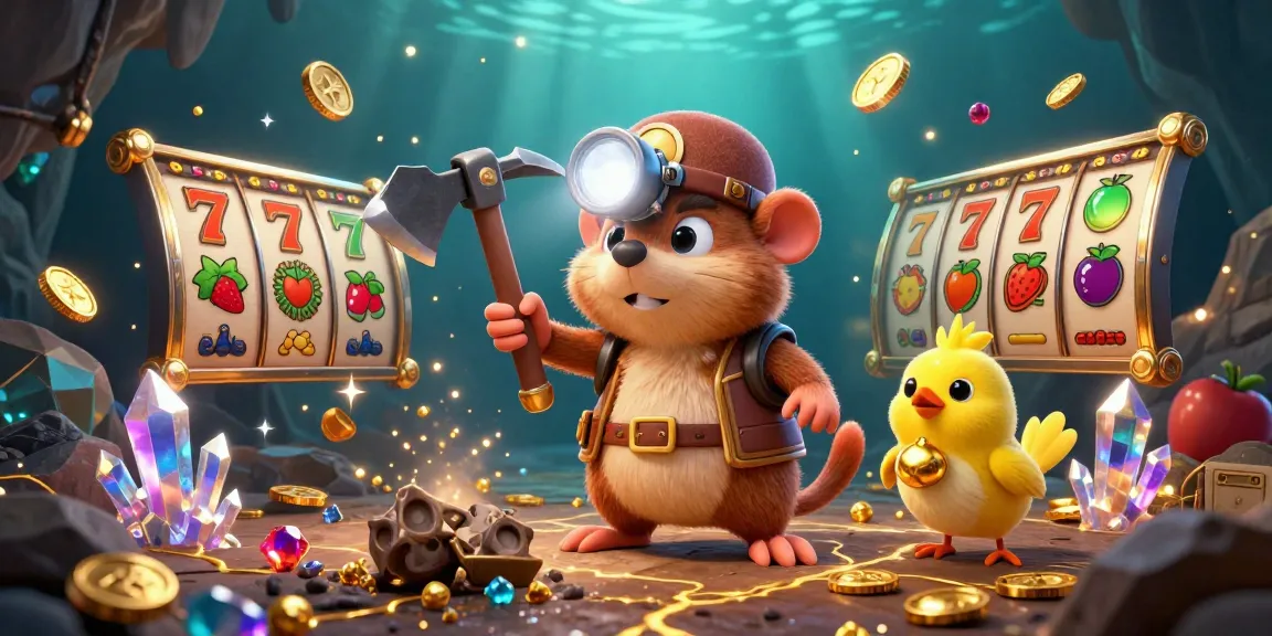 Alo8 casino scenes showcasing a mole treasure hunter and canary surrounded by vibrant slot games and treasures.