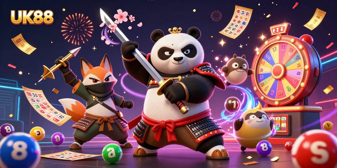 Engage with UK88 through vibrant lottery elements and dynamic casino characters.