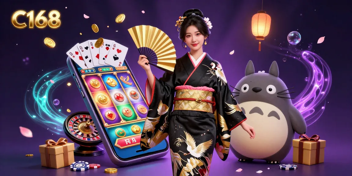 C168 showcases a vibrant scene of an elegant Asian woman and a tanuki among dynamic slot game elements.