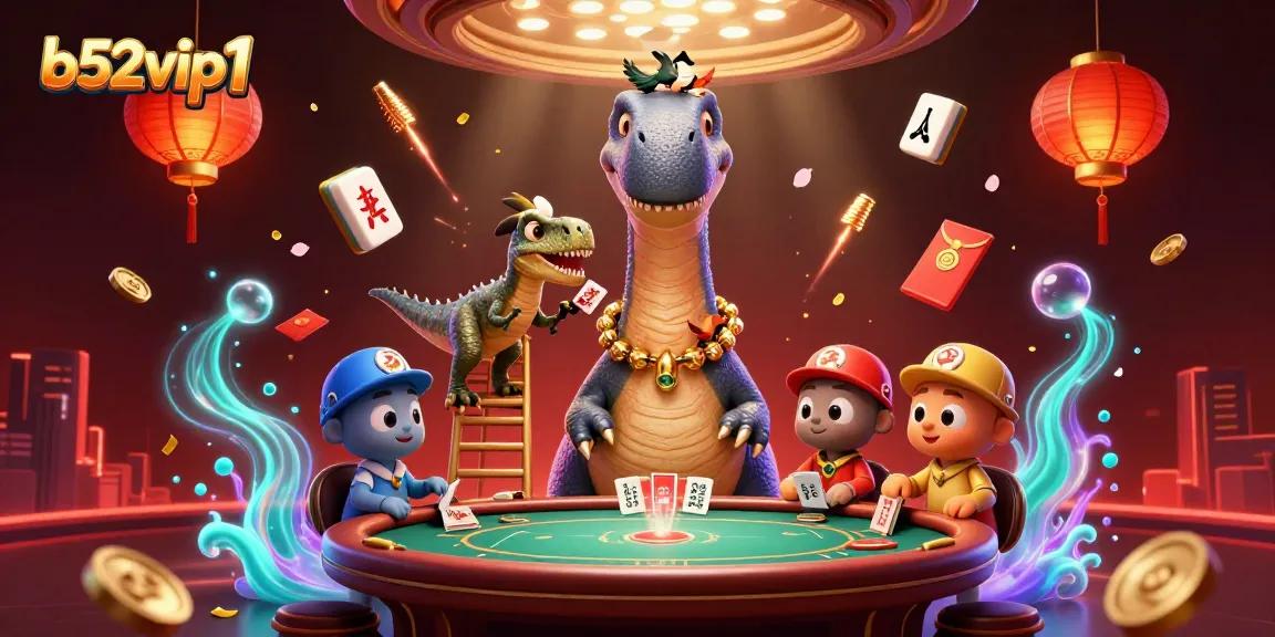 Engage in a thrilling gaming adventure with b52vip1 featuring a brontosaurus and raptor at a card table.