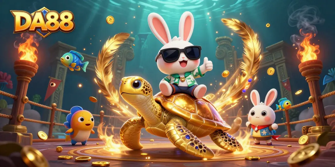 Experience the thrill of DA88 with a vibrant 3D casino scene featuring lucky rabbit and golden turtle.