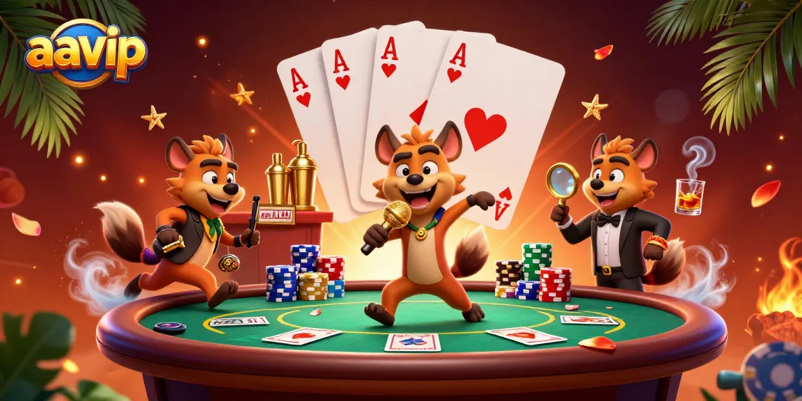 AAVIP hyena characters engaging in vibrant casino activities with poker elements in a lively scene.