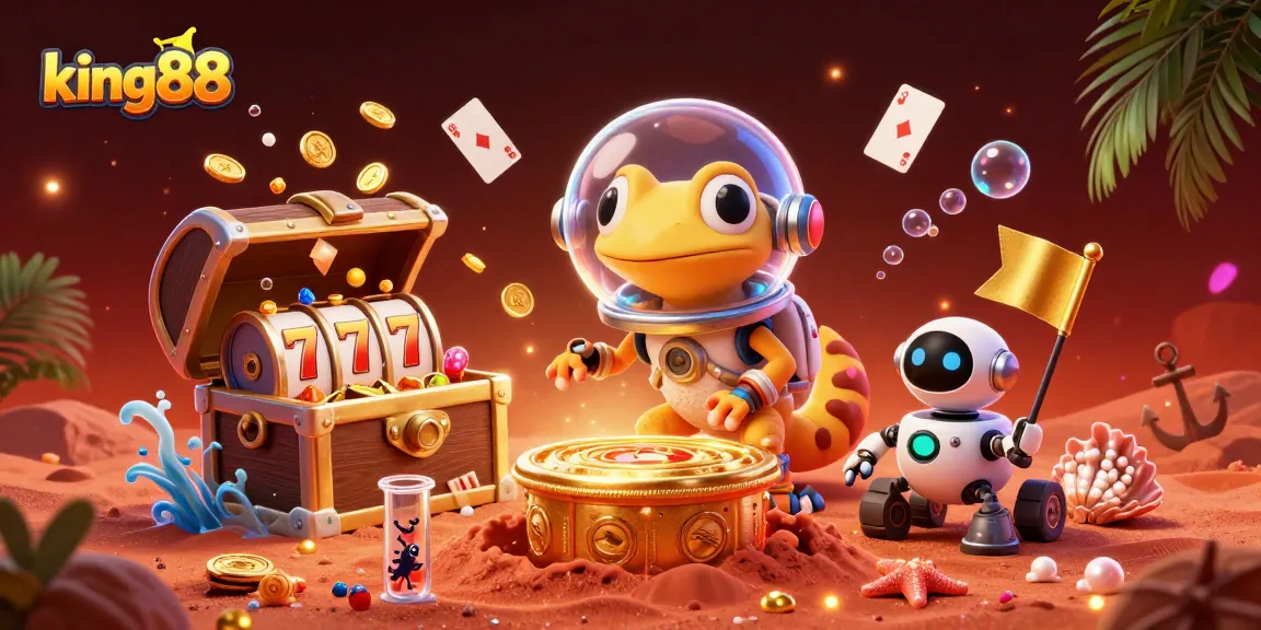 Experience king88's vibrant casino adventure with Martian gecko and robot, amidst exploding treasures.