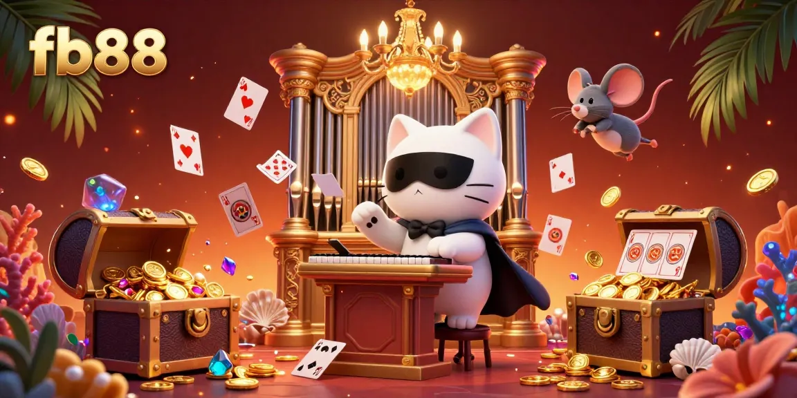 Experience the thrill of fb88 casino with vibrant 3D characters, floating cards, and slot reel elements.
