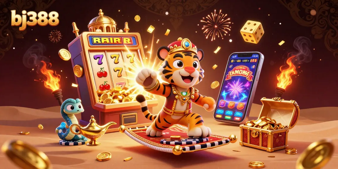 Join the action at bj388 with a vibrant gaming scene revealing a jackpot slot machine explosion and colorful casino elements.