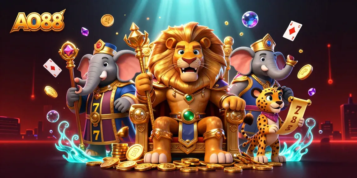 Engage with AO88 as the fierce lion king commands the throne of riches in a vibrant casino-themed illustration.
