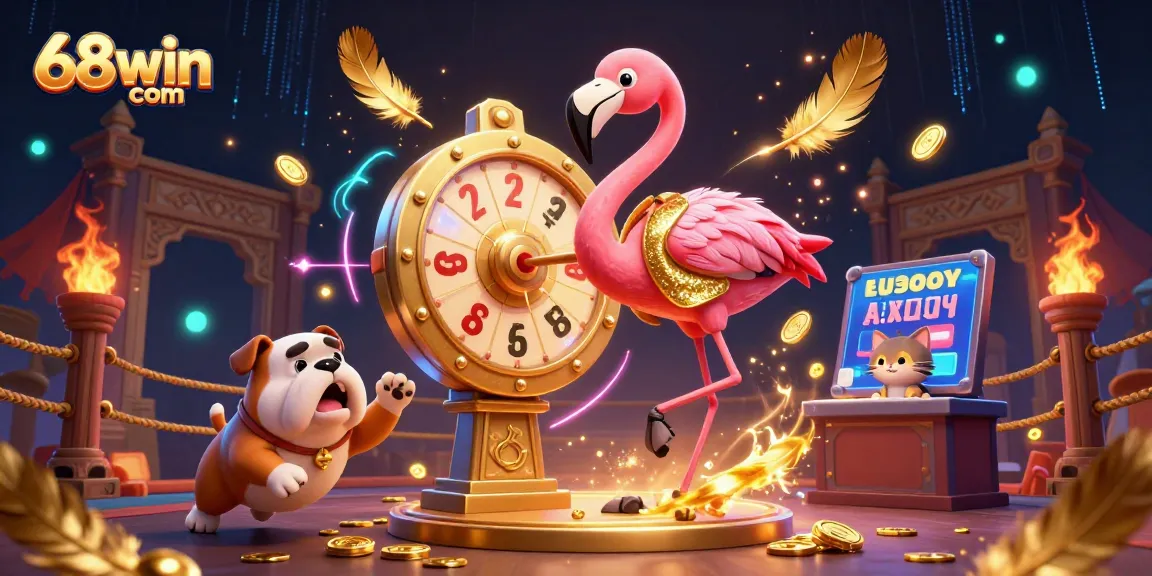 Spin and win with 68win com at the dynamic casino game show featuring vibrant characters and gold tokens.