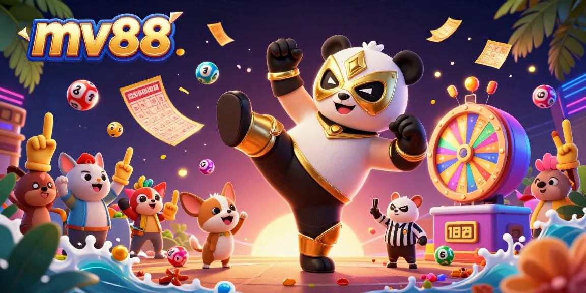 Engage in exciting gaming action at mv88 with dynamic lottery balls, golden tickets, and vibrant celebration elements.