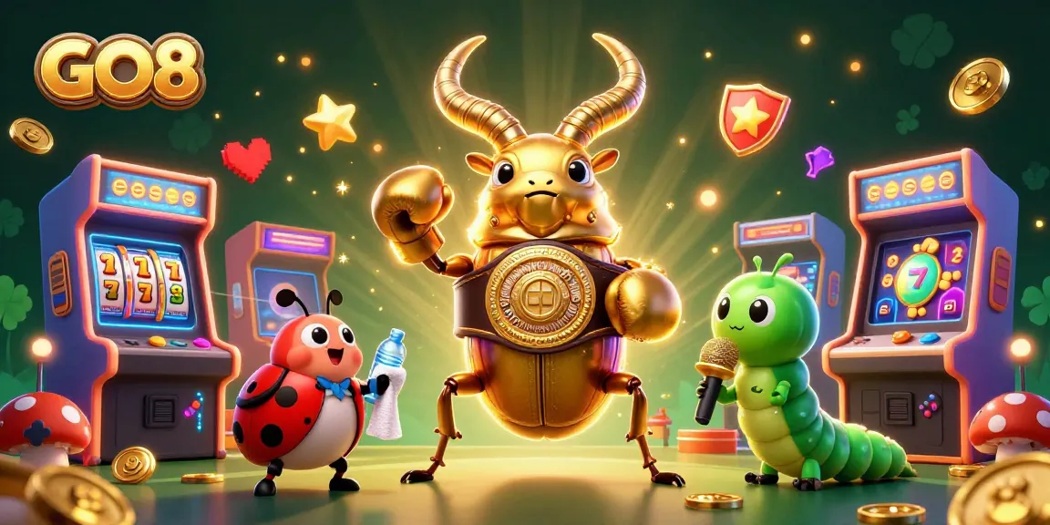 Engage in thrilling gameplay at GO8 with a vibrant casino-themed scene showcasing slot games and extraordinary characters.