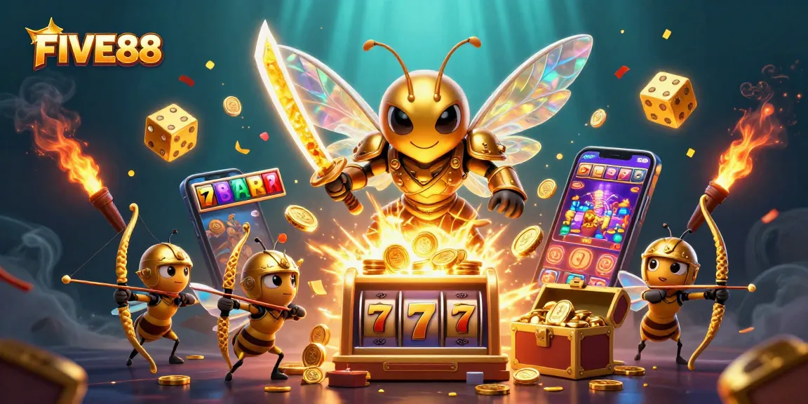 FIVE88 showcases a dynamic casino scene with a golden hornet, slot machine, and vibrant game elements.
