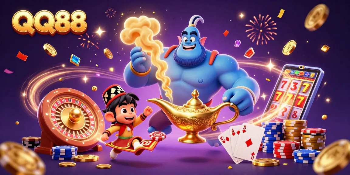 Experience the excitement of QQ88 with a dynamic 3D casino scene featuring magical characters and gameplay.