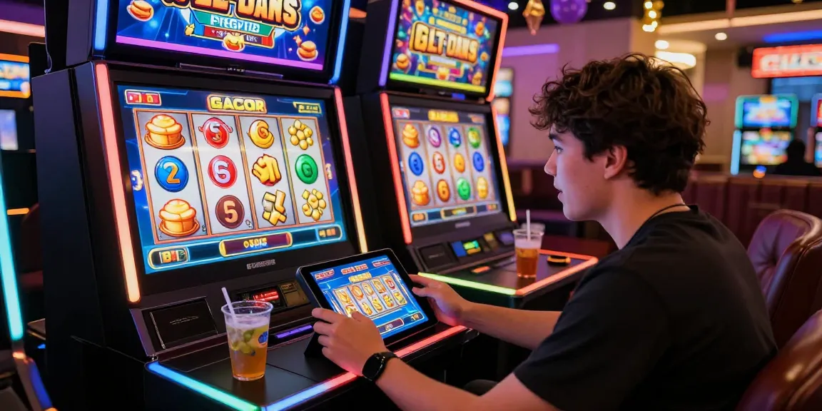 Engaging player exploring slot gacor games in vibrant atmosphere with colorful LED lights.