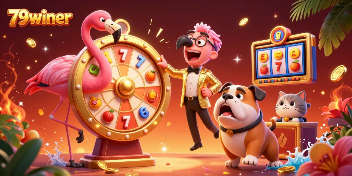 Engage with 79winer's vibrant casino illustration showcasing dynamic gameplay and exciting prizes.