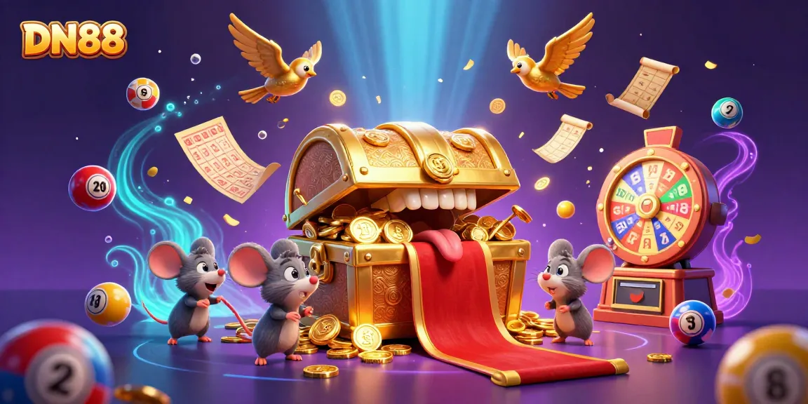 Engage in thrilling experiences with DN88 as treasure-chest-themed characters attract betters amidst vibrant casino elements.