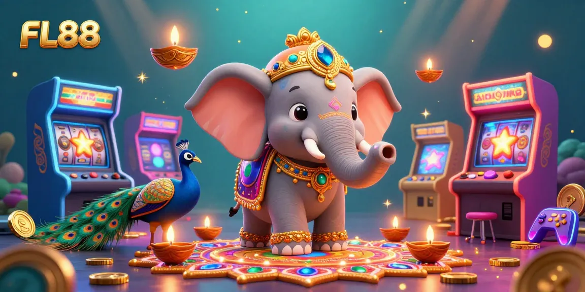 Engage with FL88's vibrant gaming experience featuring a dynamic scene of a decorated elephant, peacock, and casino elements.