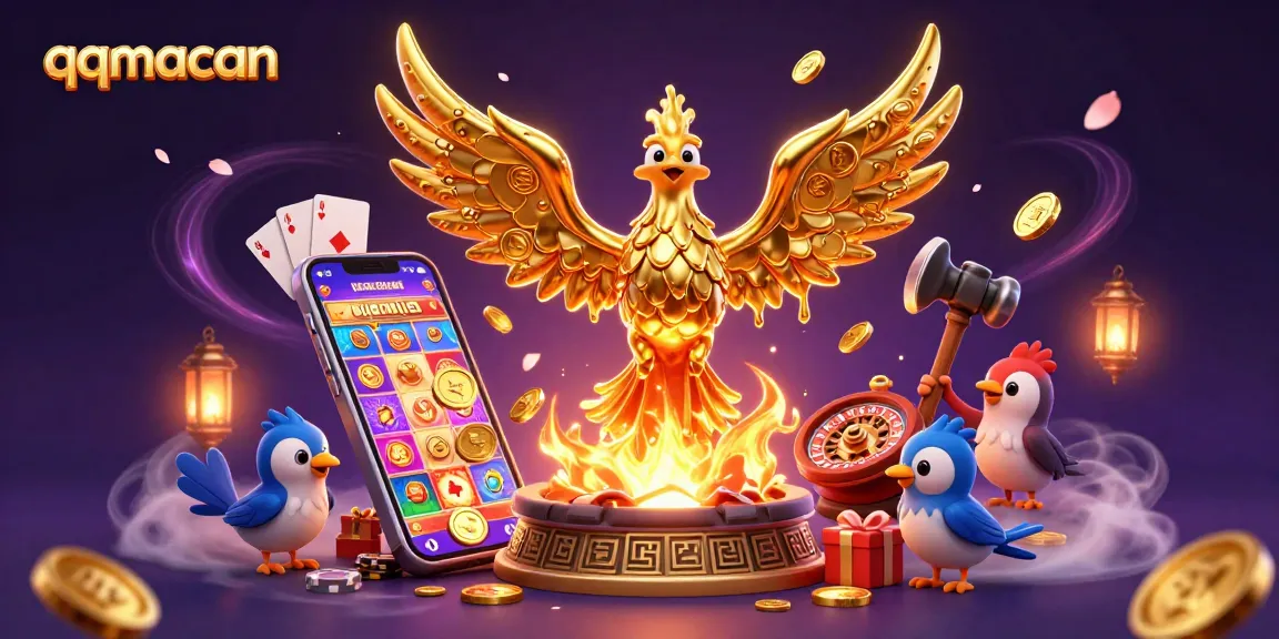 Spin and win with qqmacan's interactive slots featuring a golden phoenix and vibrant gaming elements.