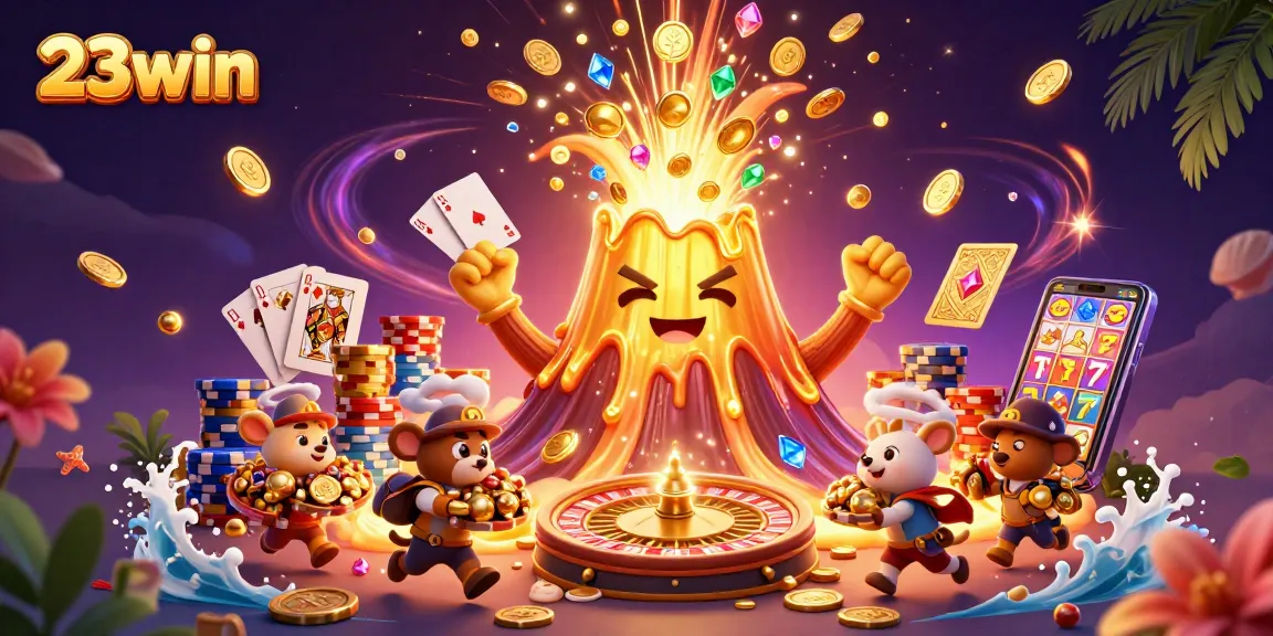 Experience thrilling wins at 23win with vibrant casino treasures erupting from a golden volcano.