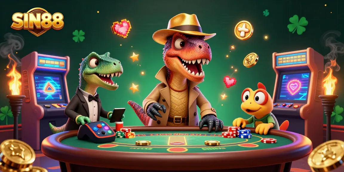 SIN88 showcases a vibrant 3D casino scene with animated dinosaurs featuring gambling action.