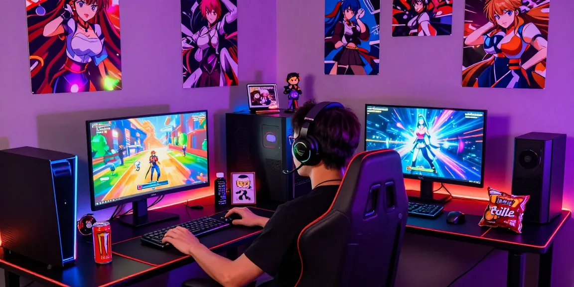 Gamer immersed in real ecchi games setup with vibrant RGB lighting and collectibles