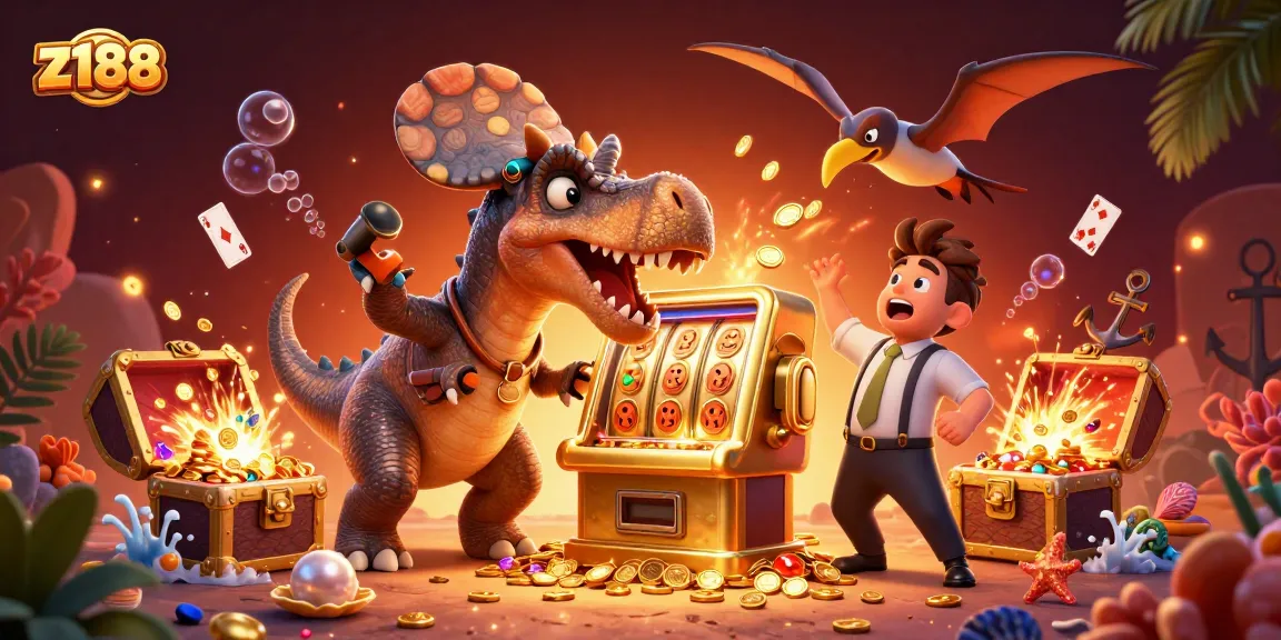 Discover exciting jackpots at z188 with animated dinosaurs interacting with a golden slot machine.