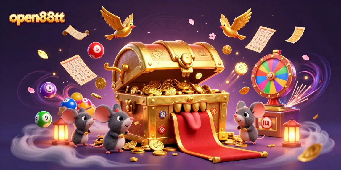 Engage with open88tt's colorful lottery game scene featuring dynamic elements like bouncing balls and rich treasures.