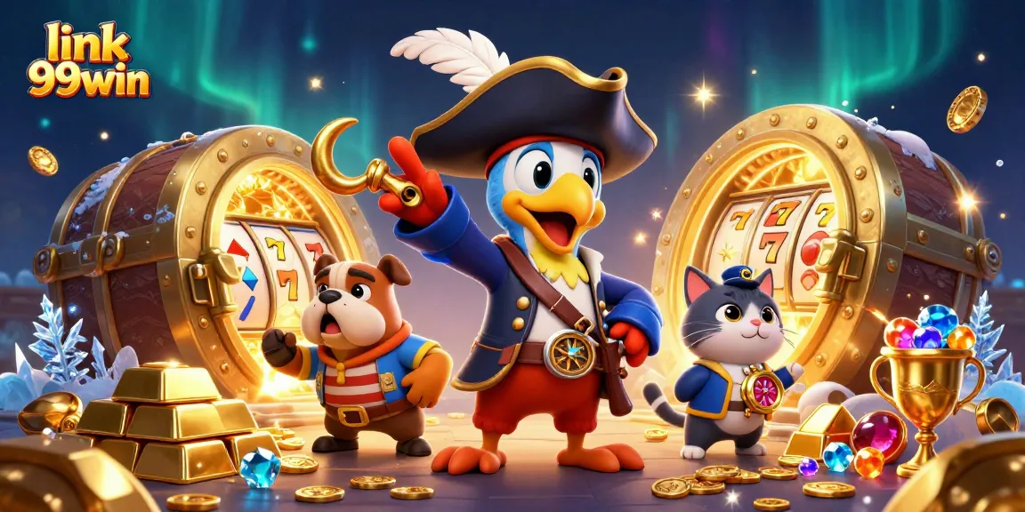 Engage with link 99win treasures in a vibrant 3D casino scene featuring slots and rich gems.