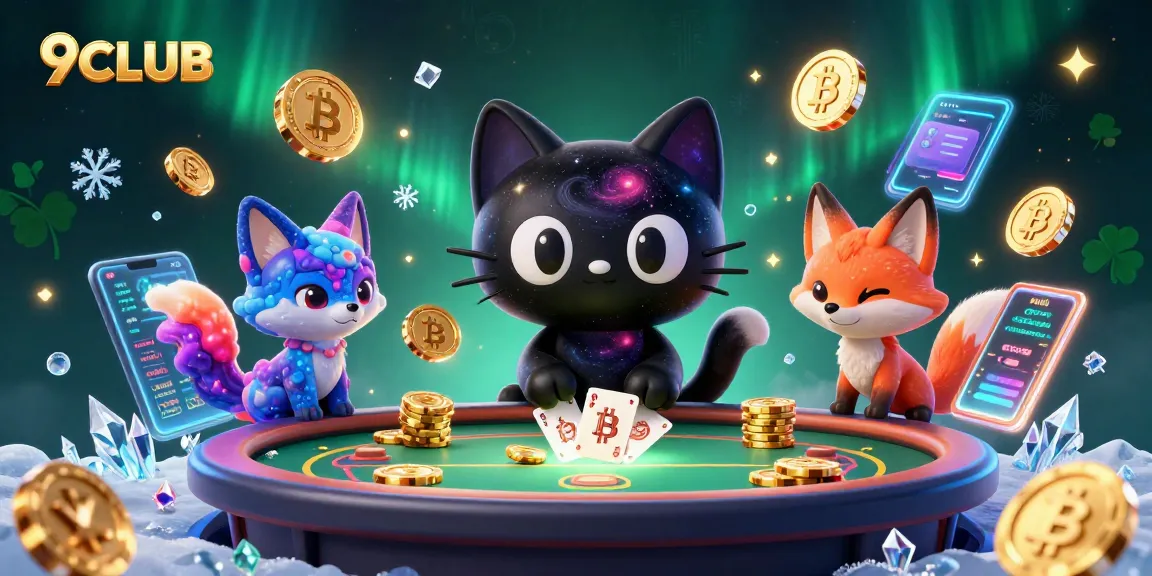 Engage with 9CLUB at a vibrant cosmic casino filled with glowing crypto coins and stellar visuals.