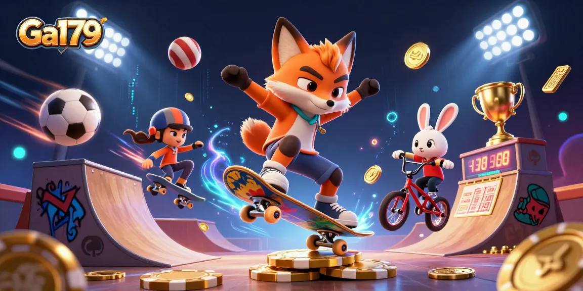 Ga179 brings excitement, featuring a skateboarding fox and BMX rabbit in a dynamic casino scene.