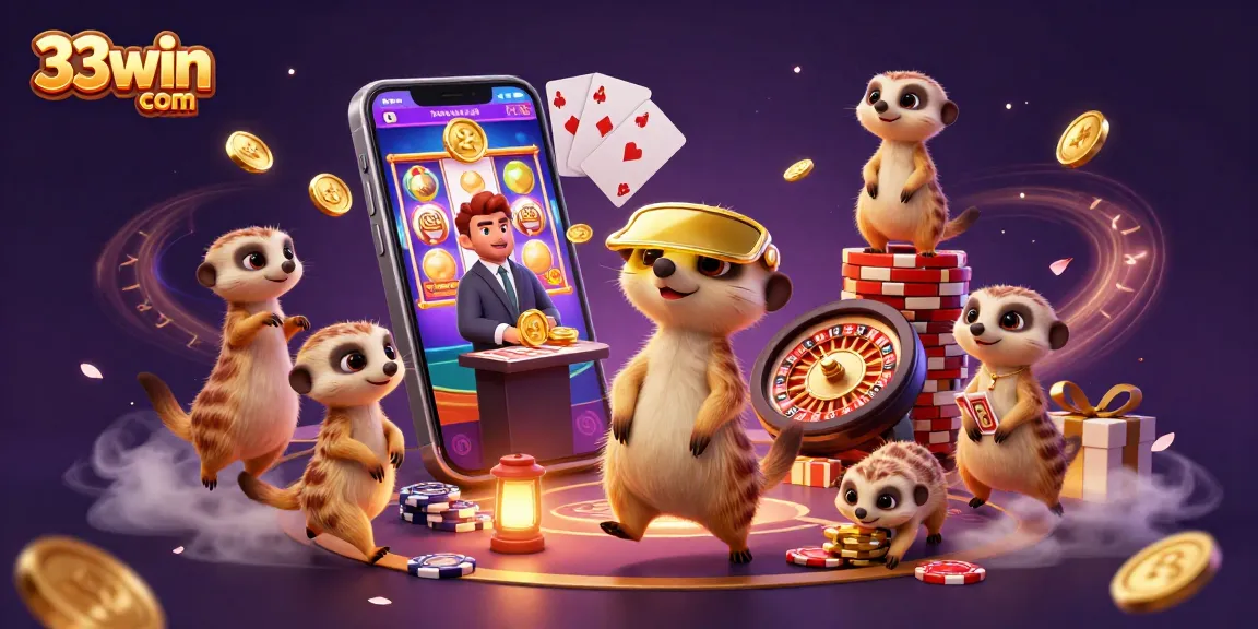 Engage with the thrilling world of 33win com, showcasing a vibrant casino scene with meerkats managing games and overflowing chip bounty.