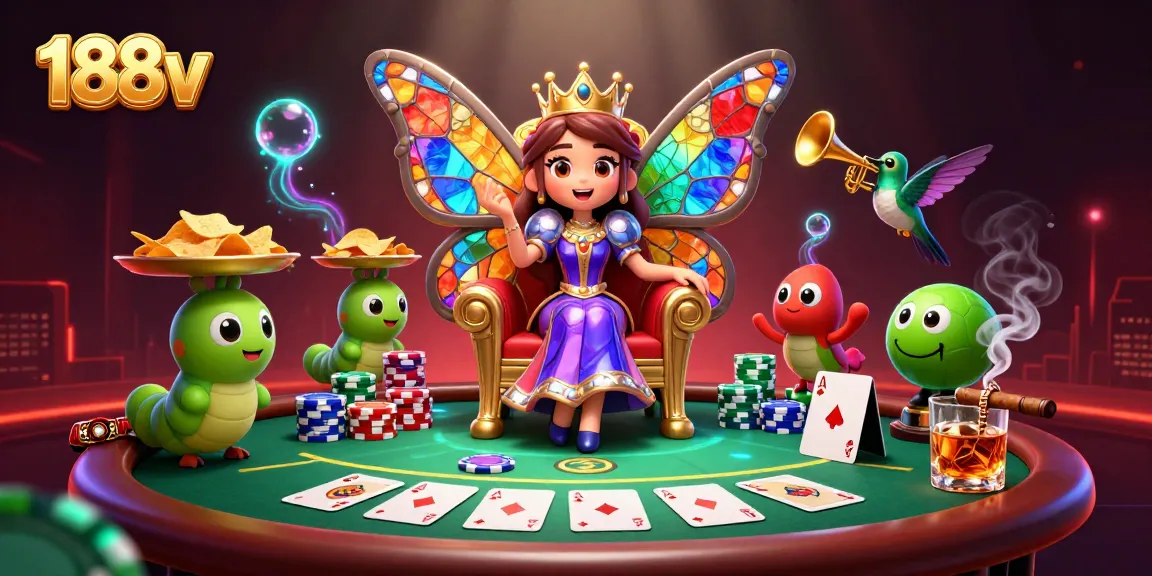 Join the excitement of 188v with a vibrant casino scene showcasing a butterfly queen and poker elements.